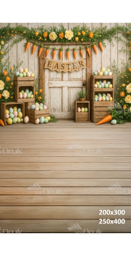 Tło fotograficzne „Wielkanocne drzwi z marchewkową girlandą i pastelowymi jajkami” | E659